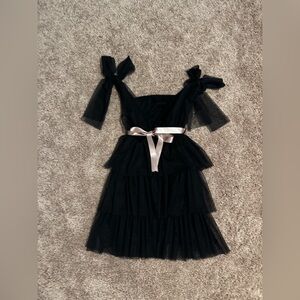 Elegant Ruffle Black Dress with Pink Satin Bow